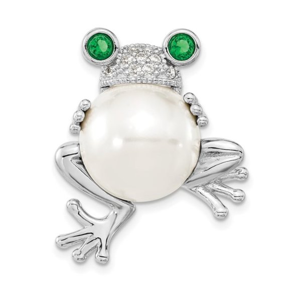 925 Sterling Silver Frog Pin / Pendant w White & Green CZ and Acrylic Pearl Bead - Picture 1 of 2